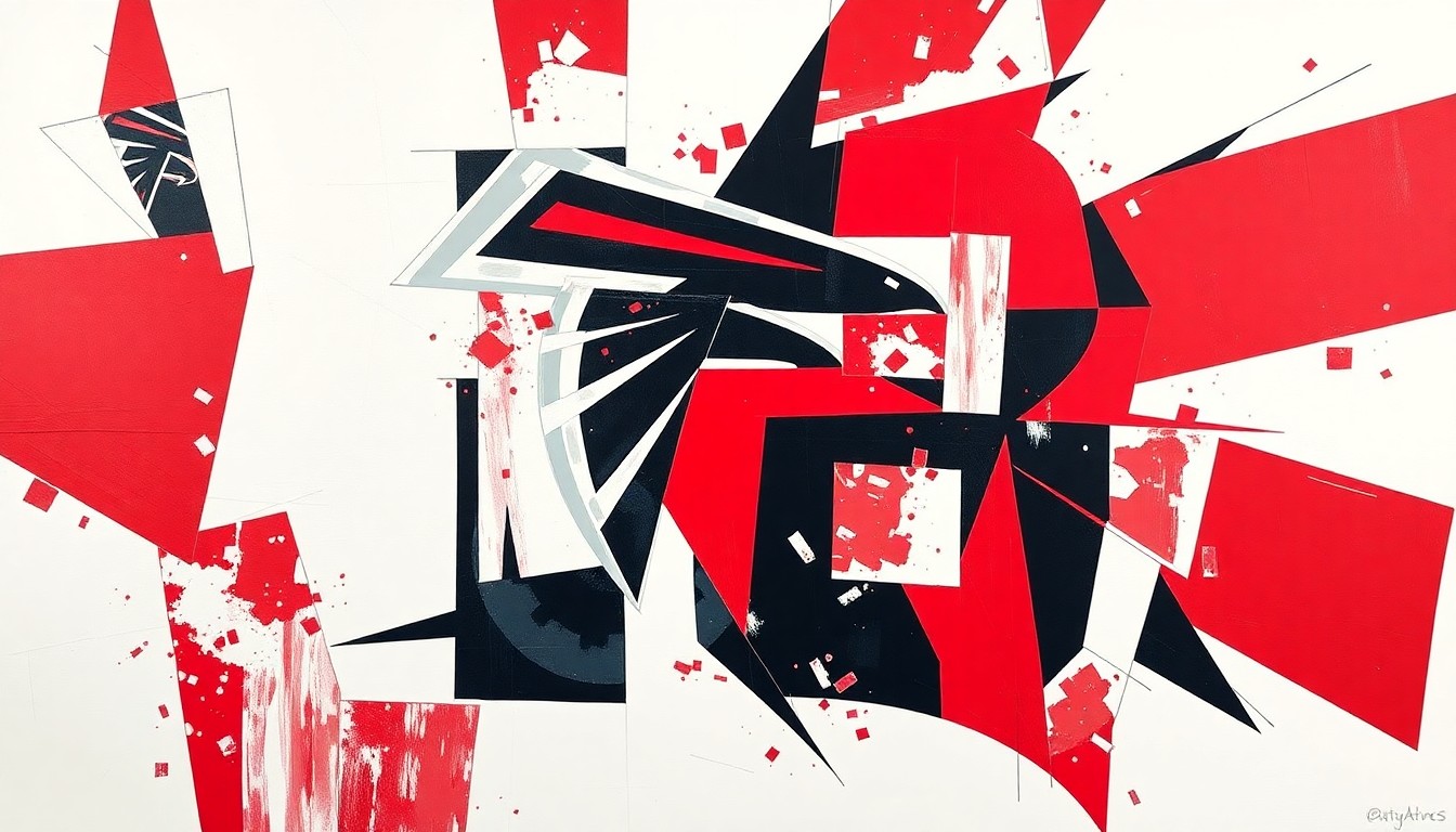 A cubist, geometric illustration depicting a Falcons jersey number broken down into overlapping planes of red, black, and white, capturing the team's updated and modernized number design.