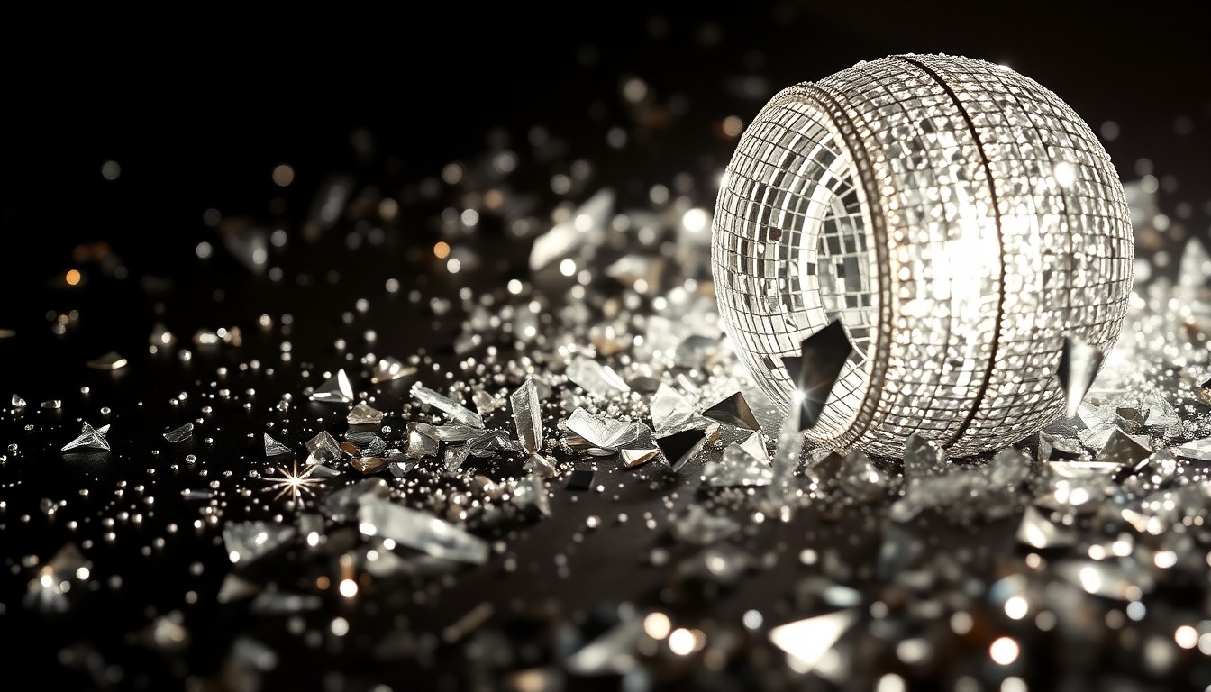 An abstract close-up image of shimmering sequins and shattered glass, capturing the high-fashion elegance and red-carpet glamour of classic Hollywood cinema.