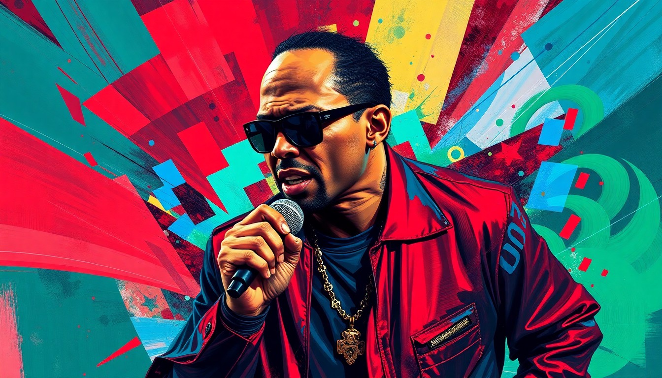 A dynamic, abstract painting featuring overlapping geometric shapes and waves of vibrant colors surrounding a central figure in motion, conceptually representing the transition of a controversial musician into a political candidate.
