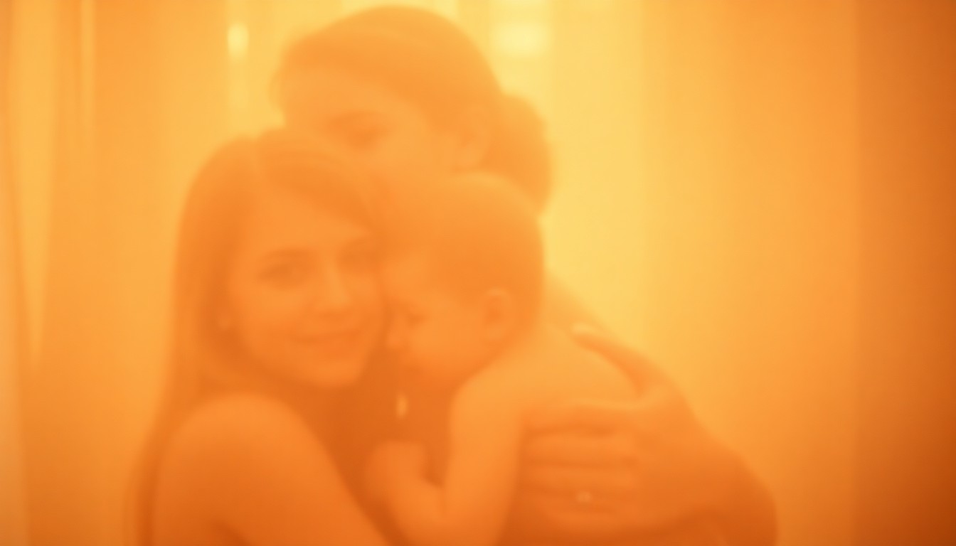 An abstract, out-of-focus photograph in soft, warm tones depicting a mother and child in a tender embrace, their faces obscured by a hazy, dreamlike atmosphere, conceptually representing the emotional journey of a family navigating autism and rare medical conditions.