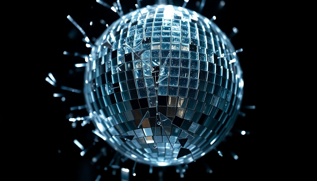 An extreme close-up of shattered, glittering disco ball glass fragments reflecting dramatic studio lighting, conceptually representing the clash between the glamorous showgirl lifestyle and the legal disputes that can lurk beneath the surface.