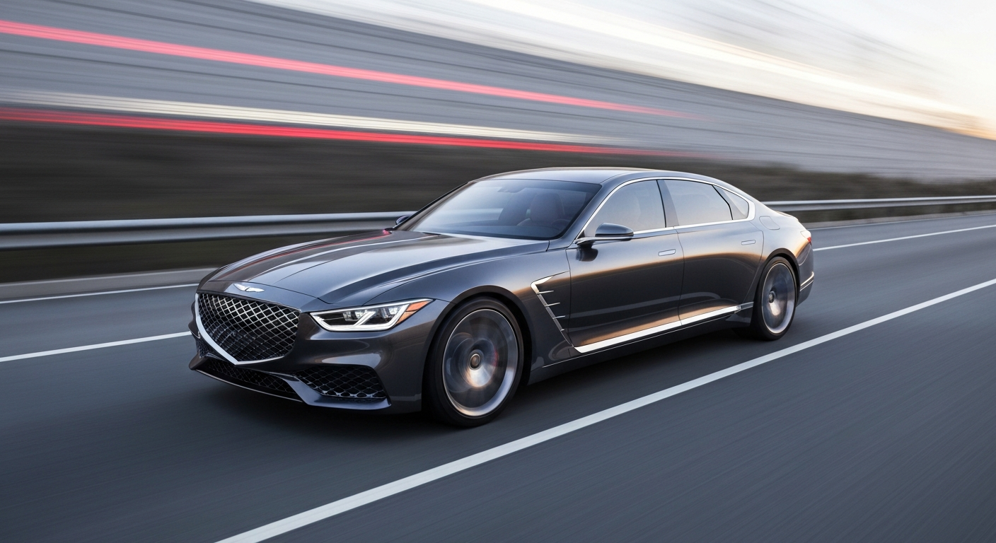 An abstract, blurred image of a sleek Genesis luxury sedan speeding down an empty highway, with the car's form reduced to vibrant streaks of color and motion, conveying a sense of speed, power, and advanced engineering.