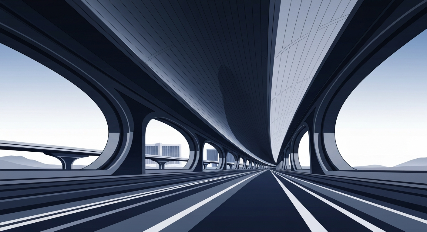 A highly stylized, geometric illustration depicting the sweeping, grand scale of the Las Vegas Airport Connector, with sleek, streamlined forms and forced perspectives, conveying the impact of the upcoming infrastructure work on the city's transportation network.