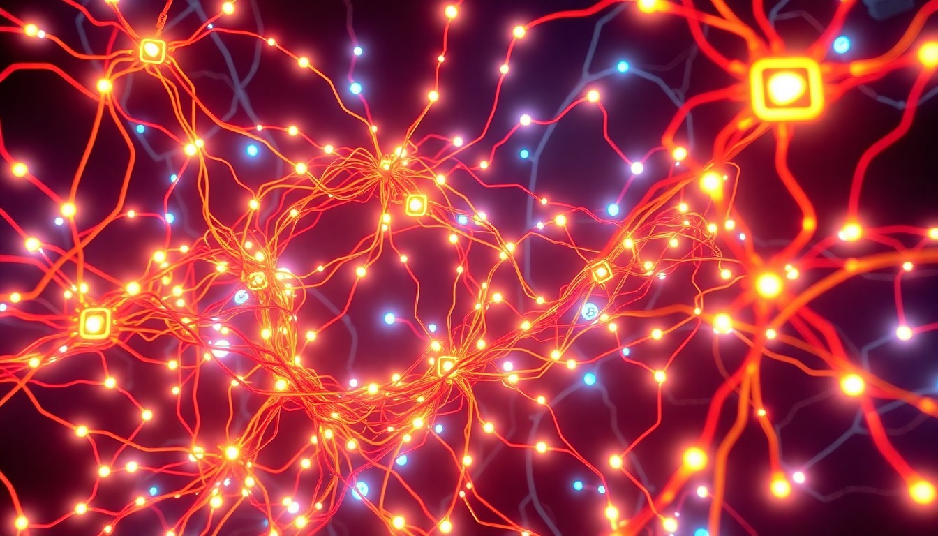 A highly detailed, glowing 3D illustration of a tangled web of neon-lit digital infrastructure, representing the complex and interconnected nature of social media platforms and the need for greater transparency and accountability.