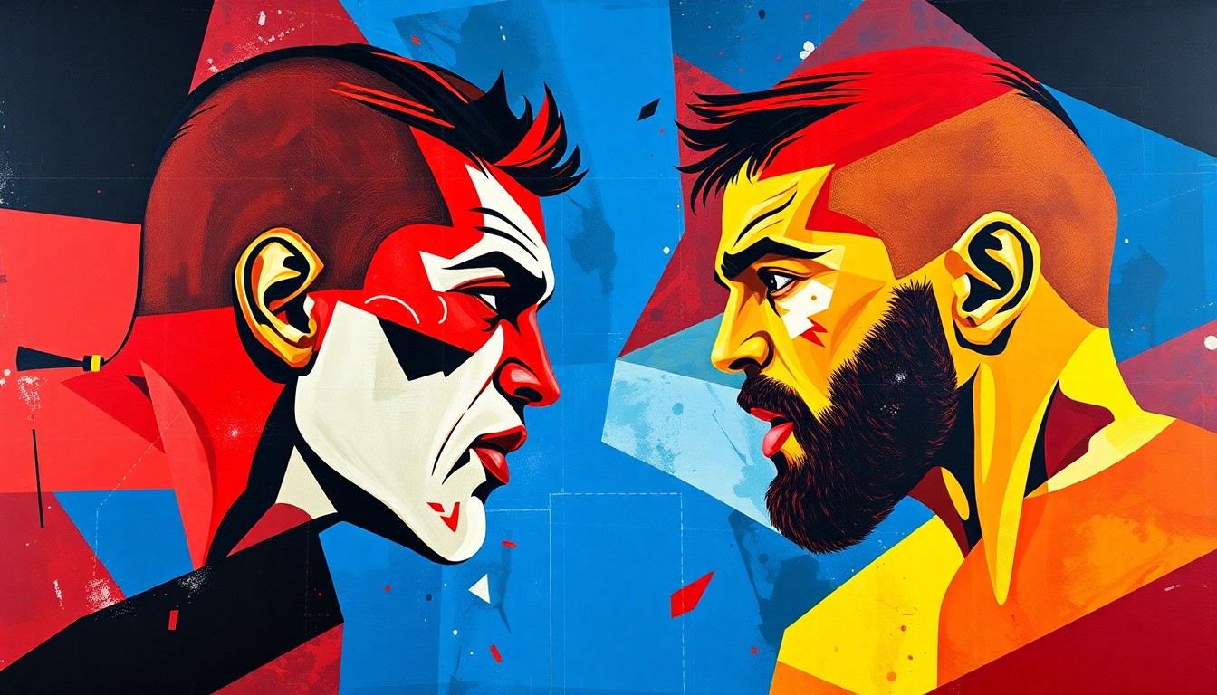 A cubist, geometric illustration depicting the dynamic movements and clashing styles of two UFC Lightweight fighters in action, rendered in a vibrant color palette.