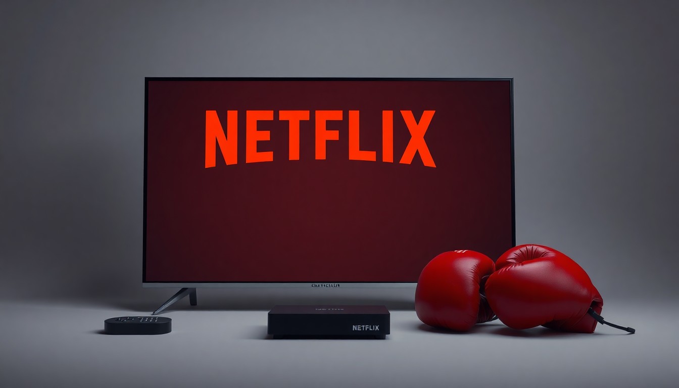 A minimalist, photorealistic studio still life featuring a modern television set with a Netflix logo, a premium streaming device, and a pair of boxing gloves, all arranged elegantly on a clean, monochromatic background with dramatic lighting and deep shadows, conceptually representing the intersection of live sports, streaming, and commercial distribution.