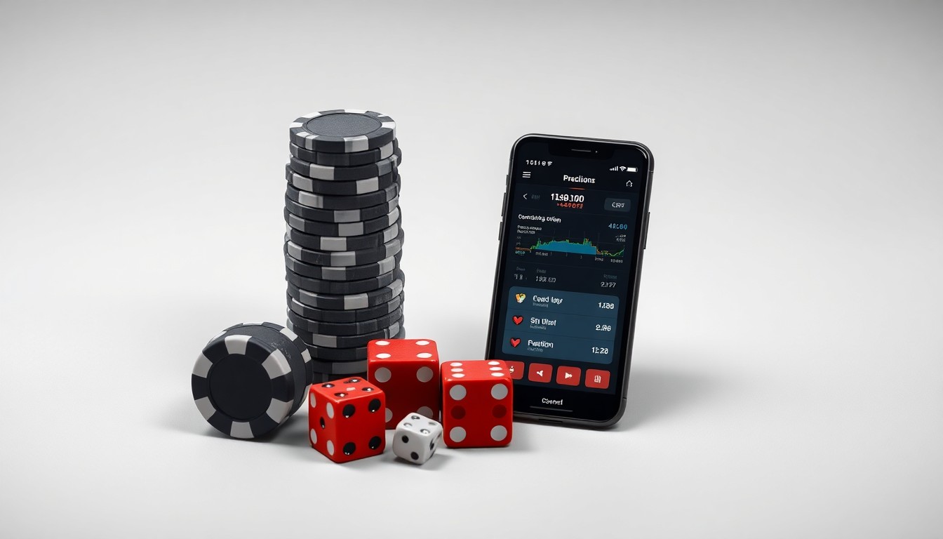 A minimalist studio still life photograph featuring a stack of casino chips, a pair of dice, and a smartphone displaying a prediction market app interface, all arranged elegantly on a clean, monochromatic background to conceptually represent the tension between traditional tribal gambling and the rise of unregulated online prediction markets.