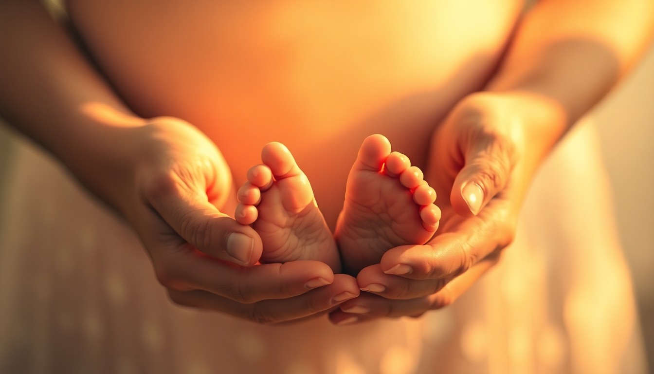 A blurred, intimate photograph of a pregnant woman's hands gently holding a newborn baby's feet, conveying the tender emotions and new life celebrated at A Center of Hope.