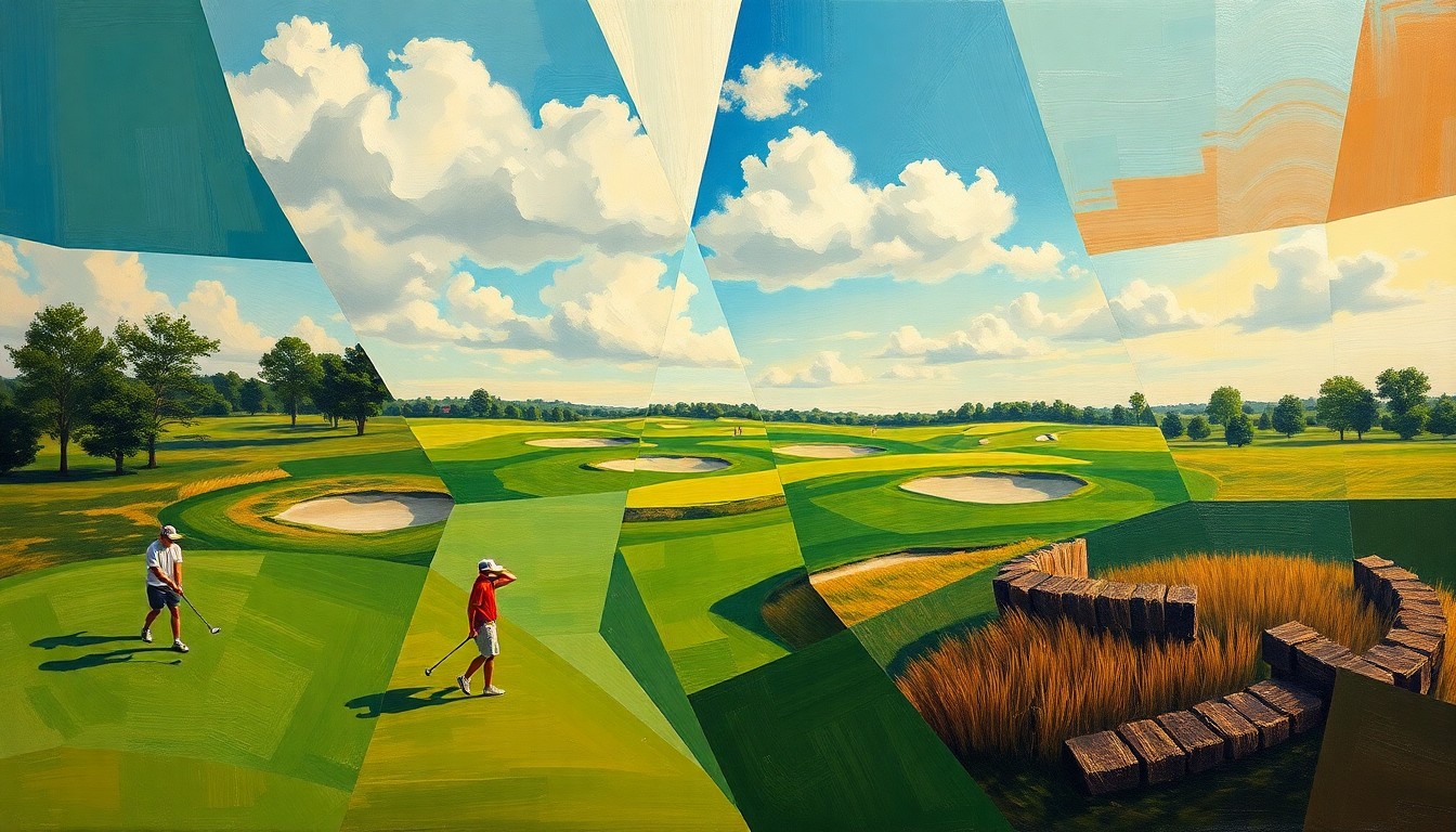 A cubist, geometric painting depicting a high school golf tournament, with overlapping planes of green fairways, sand traps, and golfers in motion, capturing the dynamic energy of the competition.