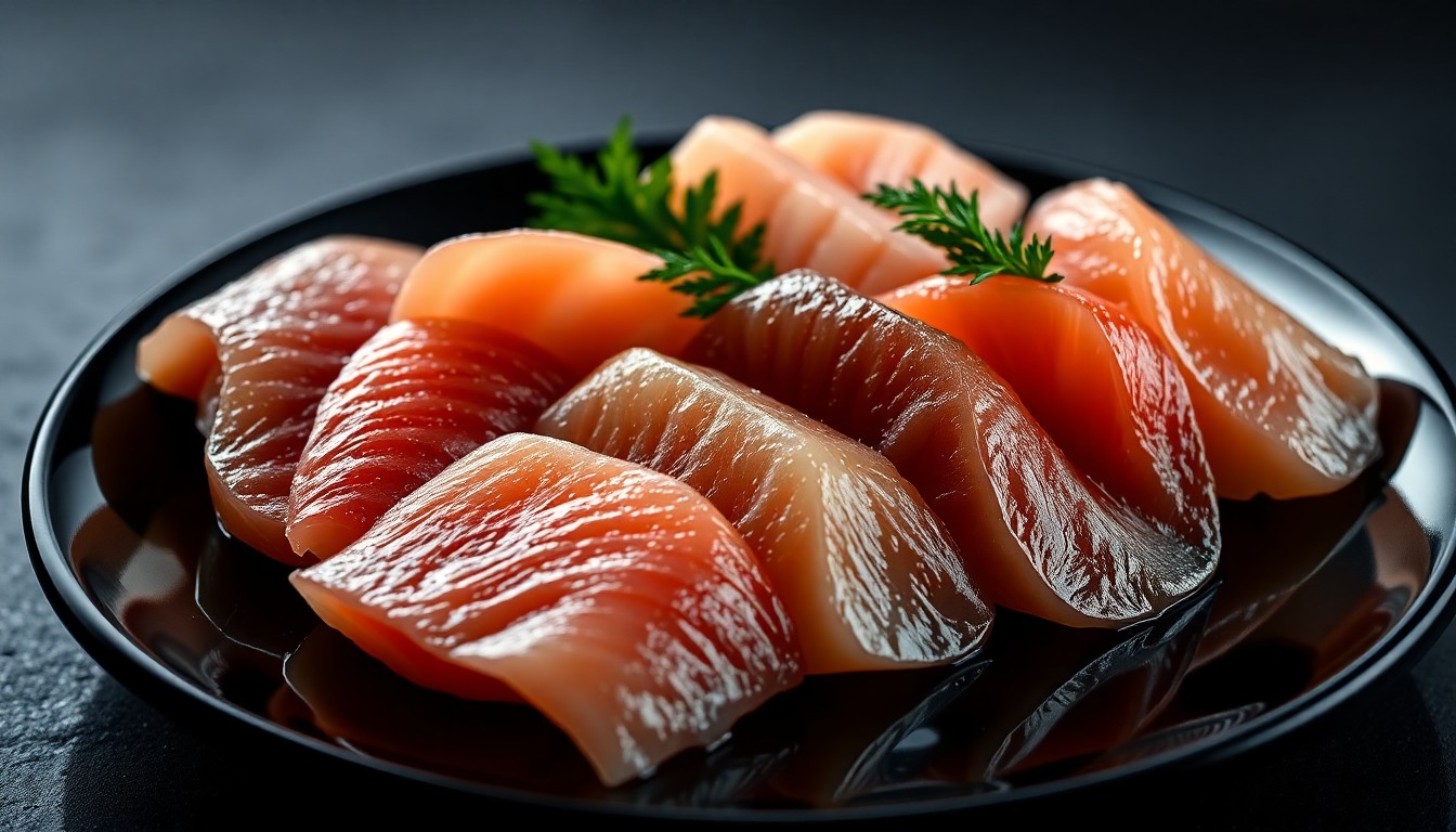 An extreme close-up photograph showcasing the glistening textures and vibrant colors of delicate sashimi arranged on a glossy black plate, conveying the refined elegance of traditional Japanese culinary presentation.