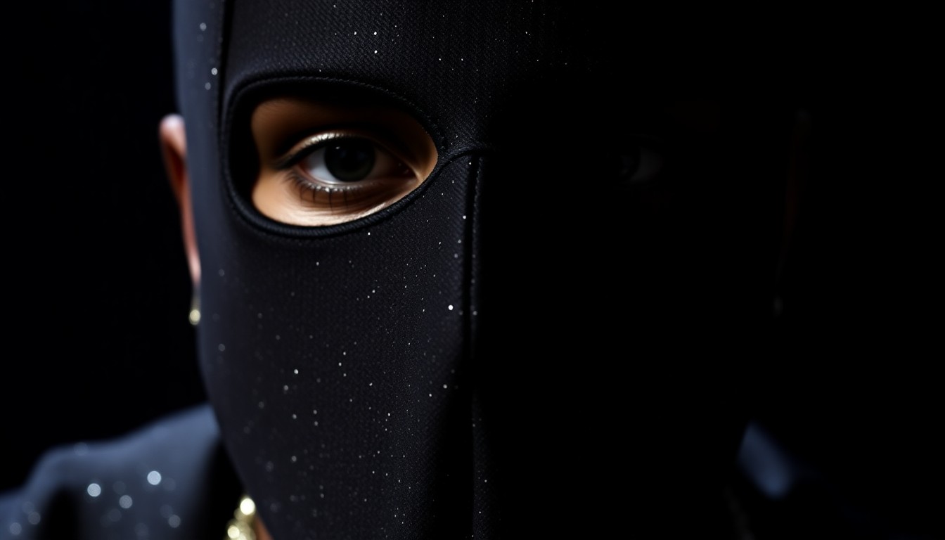 An extreme close-up photograph of a black, textured concert mask, capturing the luxurious material and glittering details in dramatic, high-contrast lighting to conceptually represent the drama and glamour of Kanye West's comeback performance.