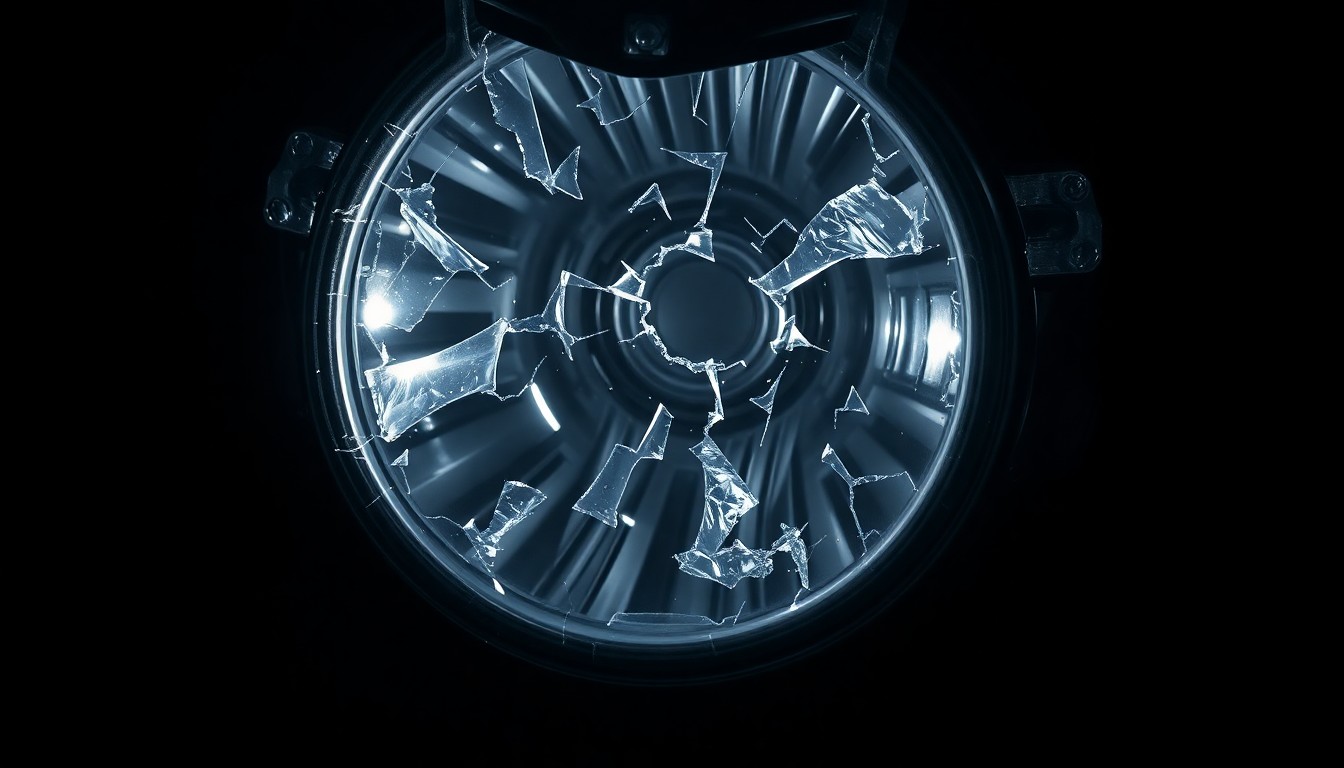 An extreme close-up of a shattered motorcycle headlight lens reflecting a harsh, direct flash of light, conceptually illustrating the devastating impact of a fatal drunk driving incident.