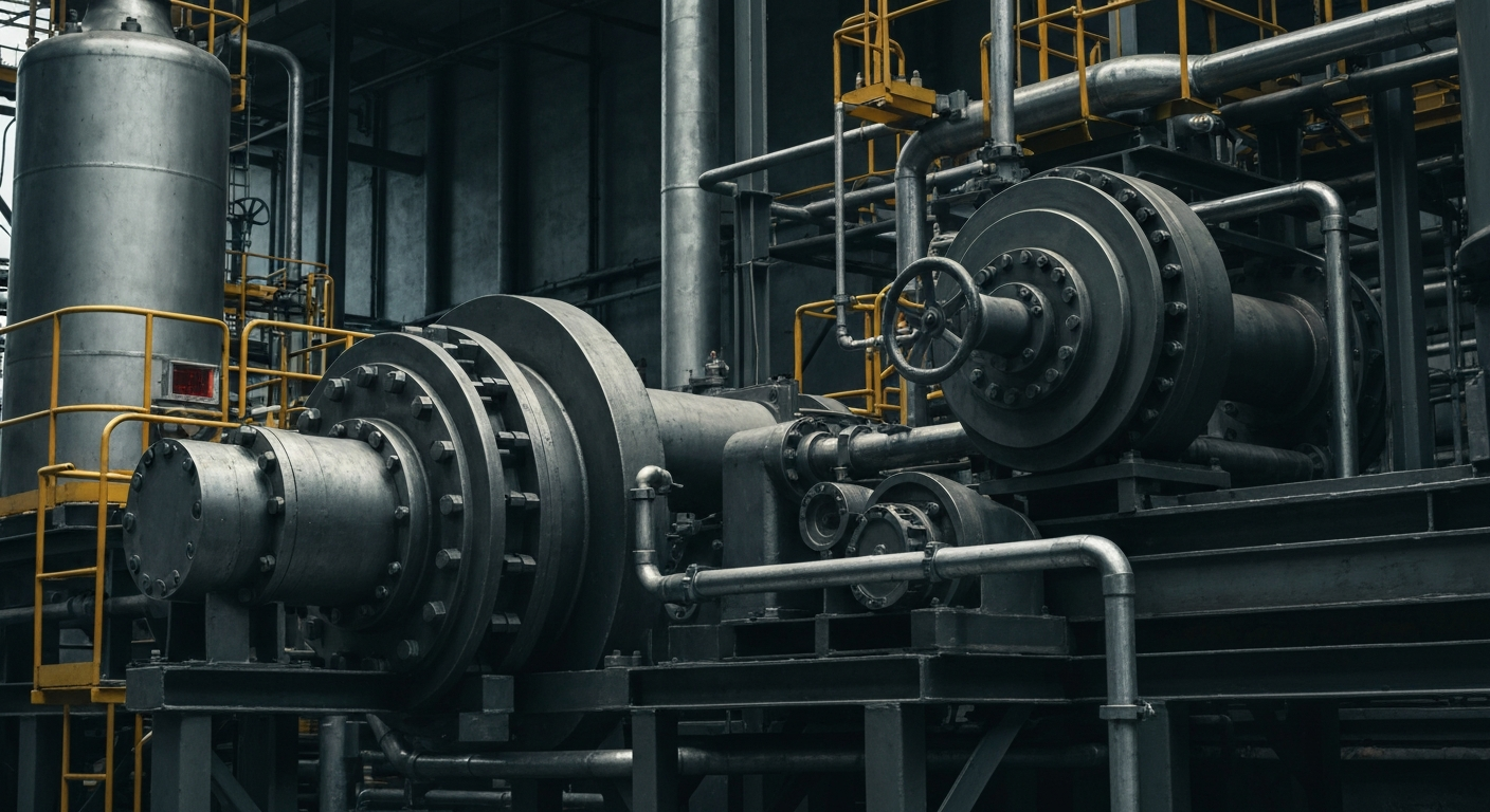 An extreme close-up of various industrial gears, valves, and pipes in shades of gray, conceptually representing the complex financial and operational infrastructure of the specialty chemicals sector.