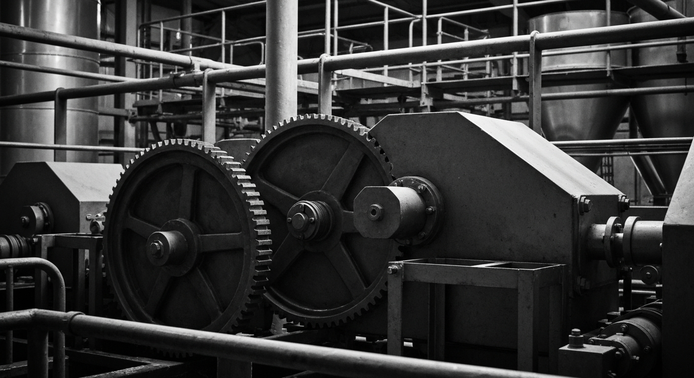 A high-contrast, black and white close-up image of the intricate gears, levers, and mechanical components that make up the inner workings of an industrial food processing plant, conveying the complex infrastructure and operations of major consumer brands.