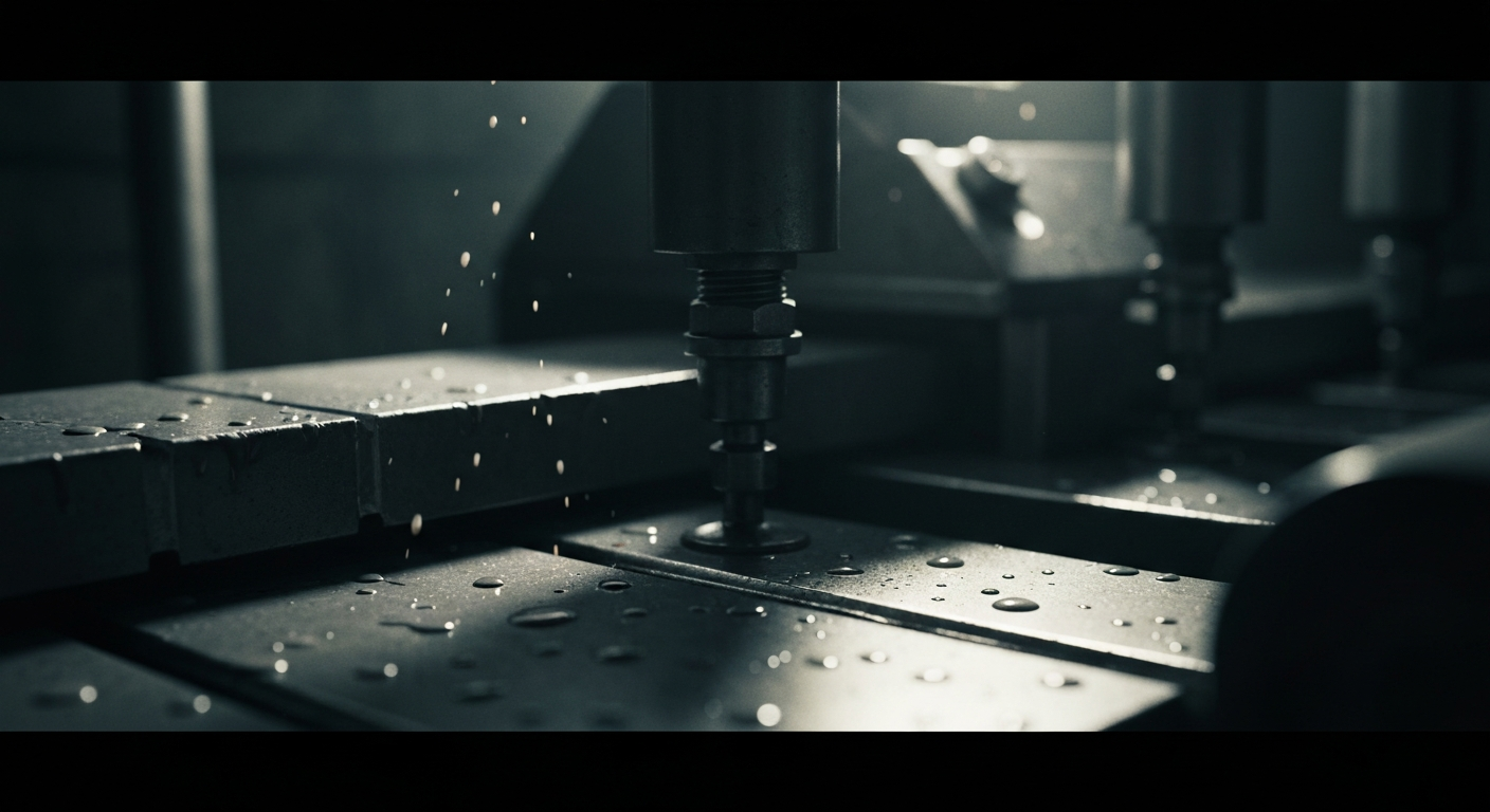 An extreme close-up of the gears, valves, and other components of an industrial paint mixing machine, captured in high contrast with dramatic lighting to convey the scale and complexity of the company's manufacturing operations.