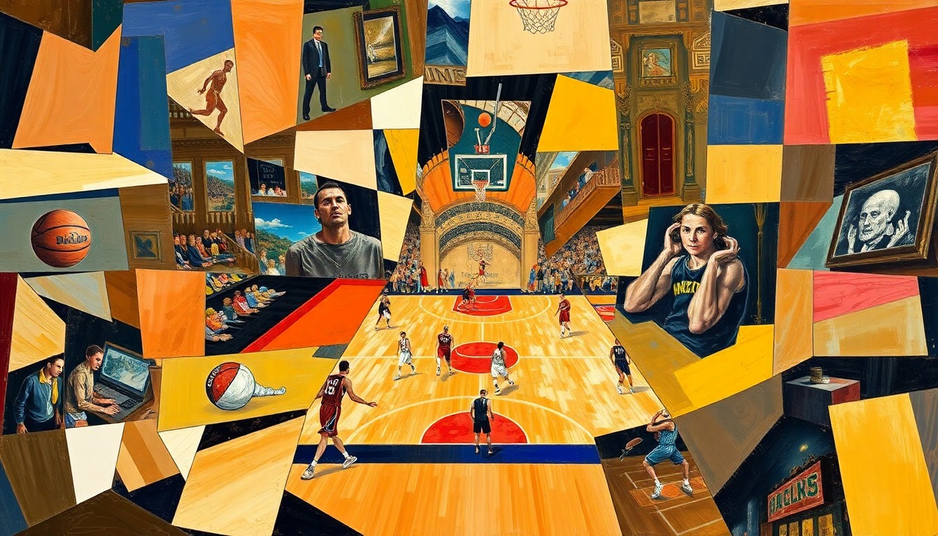 A fragmented, geometric painting depicting a basketball game or competition, with sharp, overlapping planes of color and form, conveying the intricate financial and strategic factors at play in North Carolina's coaching search.