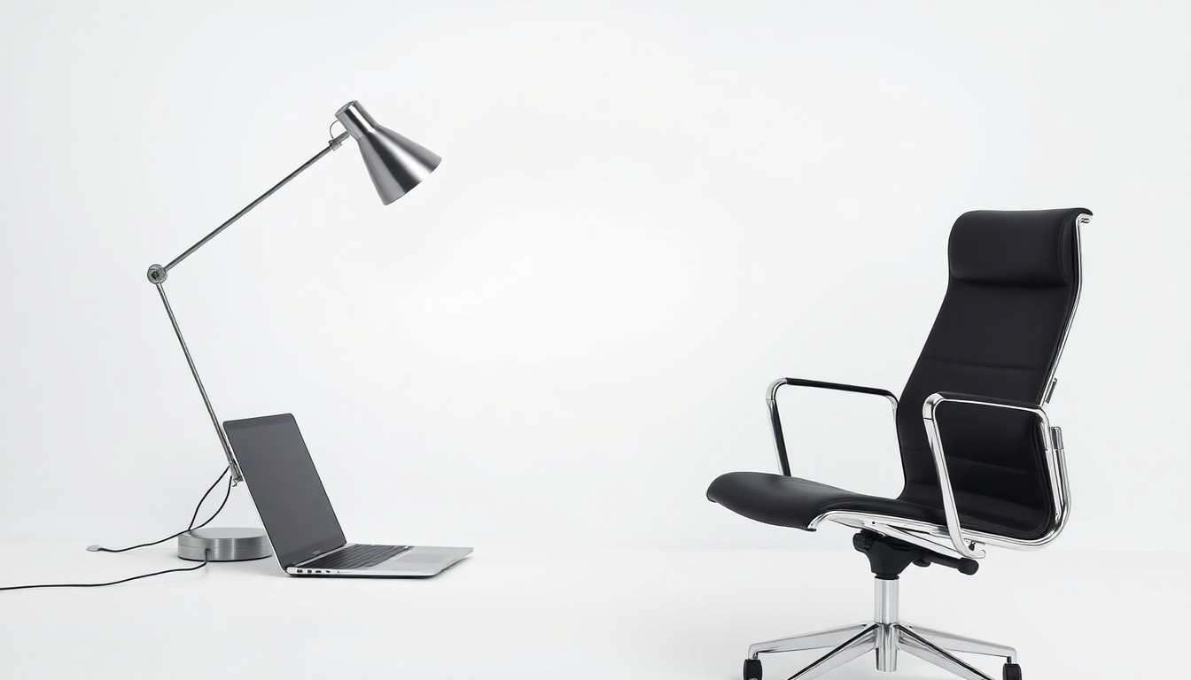 A high-end, photorealistic studio still-life photograph featuring a polished, geometric desk lamp, a sleek laptop, and a modern office chair arranged elegantly on a clean, monochromatic seamless background, conceptually representing the premium workspace that The Mill coworking space will provide to support entrepreneurship and small business growth in Seaford.