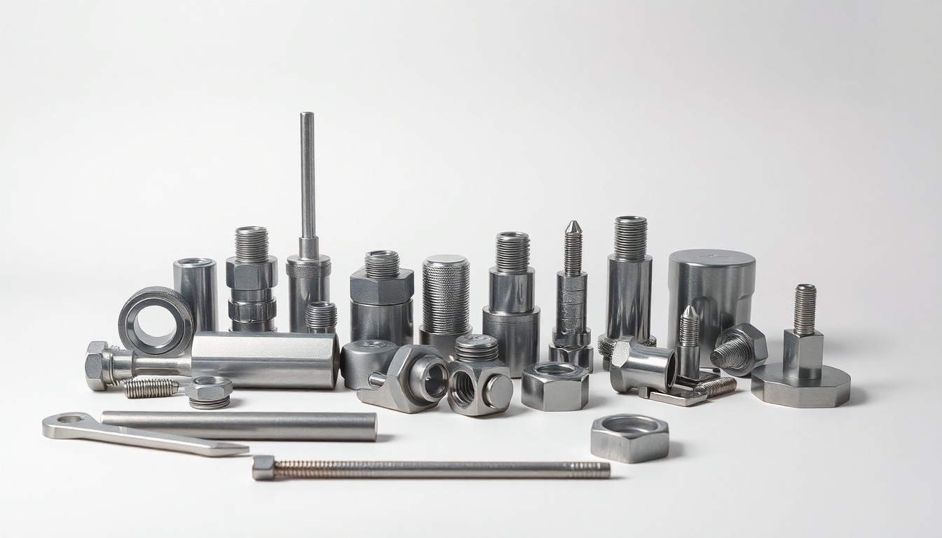 A photorealistic studio still life featuring a collection of shiny steel tools and hardware components arranged on a plain white background, conceptually representing the structural repair needs of a waste management facility.