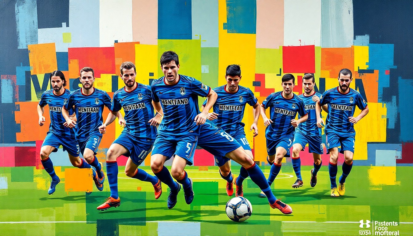 A fractured, cubist-style painting depicting the movements and positioning of a soccer player on the field, with sharp geometric planes in the blue and black colors of CF Montréal's uniform, conceptually representing the team's acquisition of a new creative midfield presence.