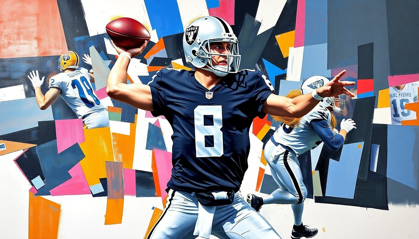 A cubist, geometric painting depicting a football quarterback in mid-throw motion, with sharp, overlapping planes in the Raiders' silver and black colors, conceptually representing the complex nature of modern NFL contracts.