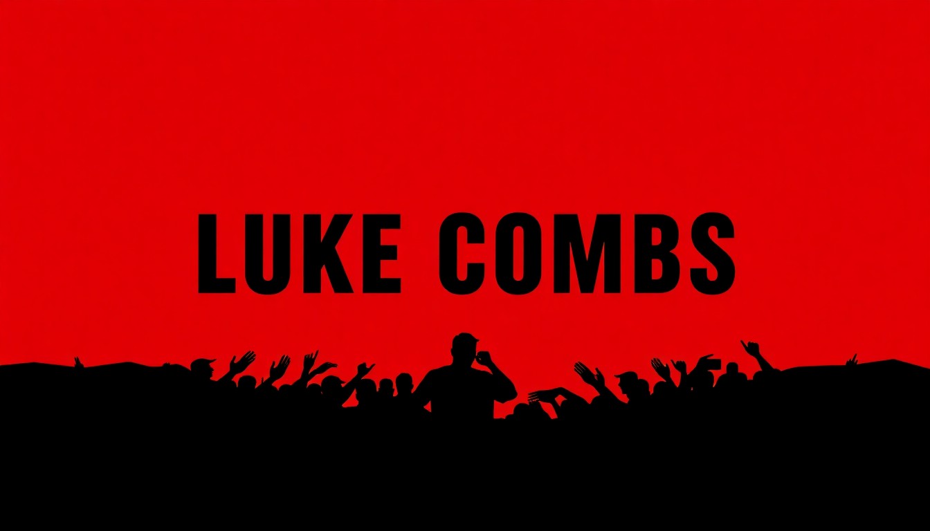 A minimalist, abstract illustration using bold black shapes and a striking red background to represent the energy and anticipation of a large concert crowd.