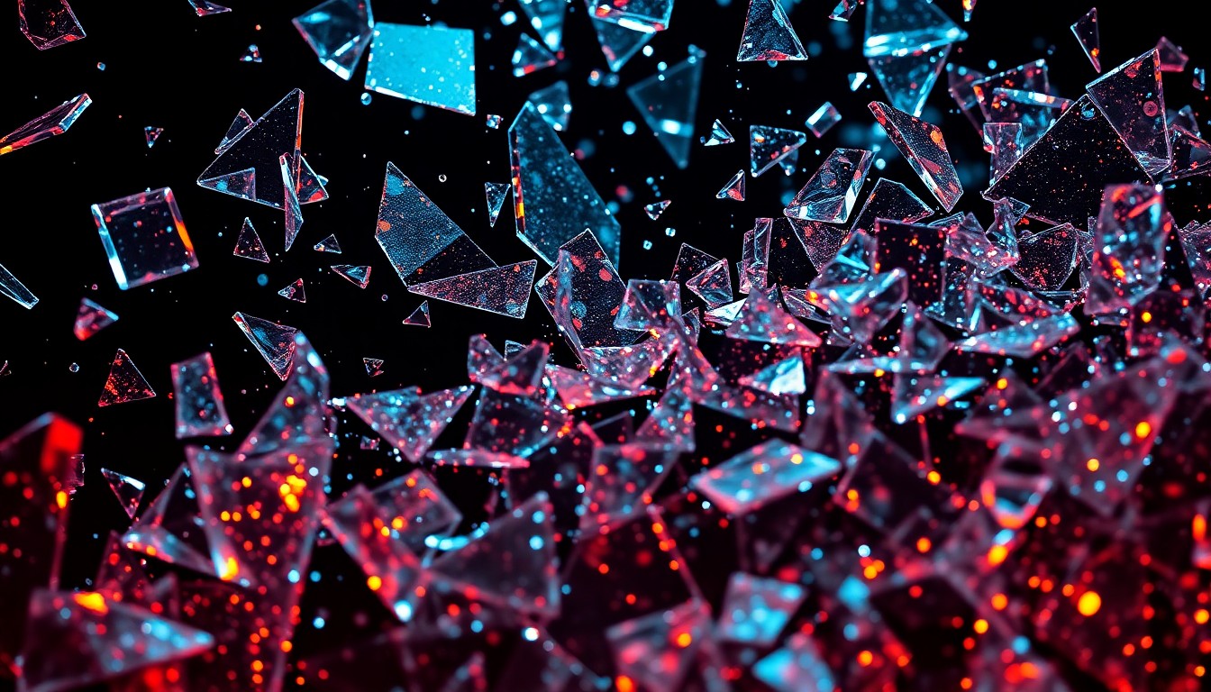 An abstract close-up photograph of shimmering, shattered glass shards in dramatic high-contrast lighting, conveying the gritty, high-stakes tone of the Euphoria television series.