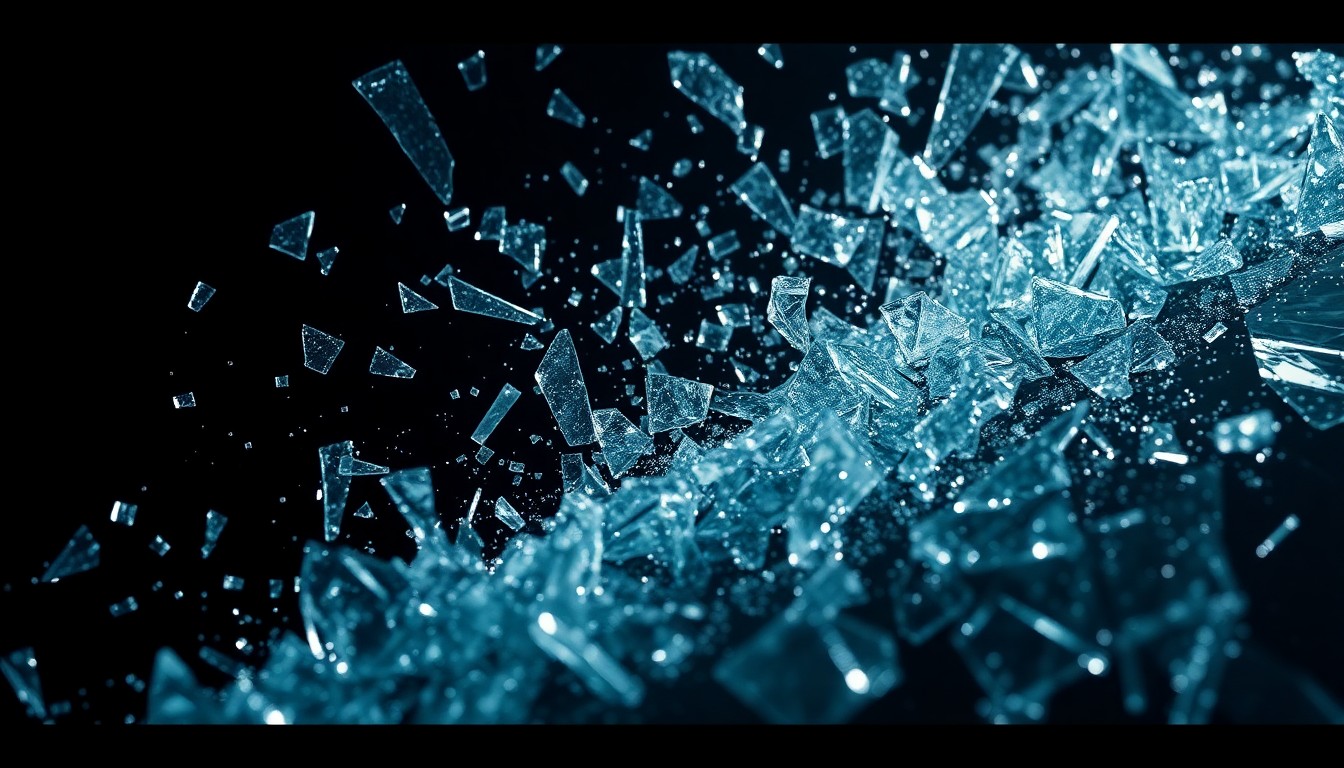 An abstract close-up image featuring shattered glass and metallic textures in dramatic, high-contrast lighting, conceptually representing the grand visual style and technological themes of the sci-fi film 'Project Hail Mary'.