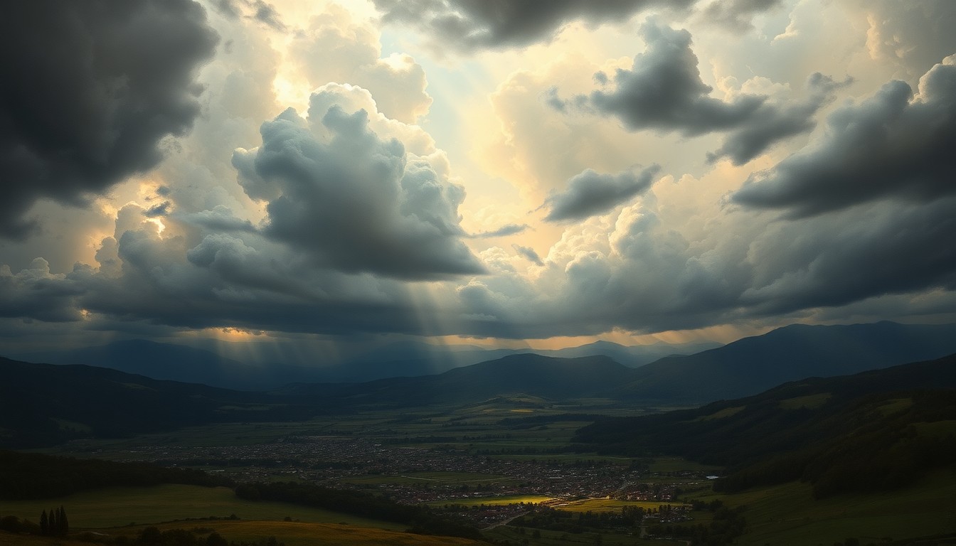 A dramatic, atmospheric landscape painting depicting a stormy sky with heavy clouds and beams of light breaking through, casting a moody, sublime atmosphere over a small town or rural setting below, where the natural elements dwarf and overwhelm any manmade structures.