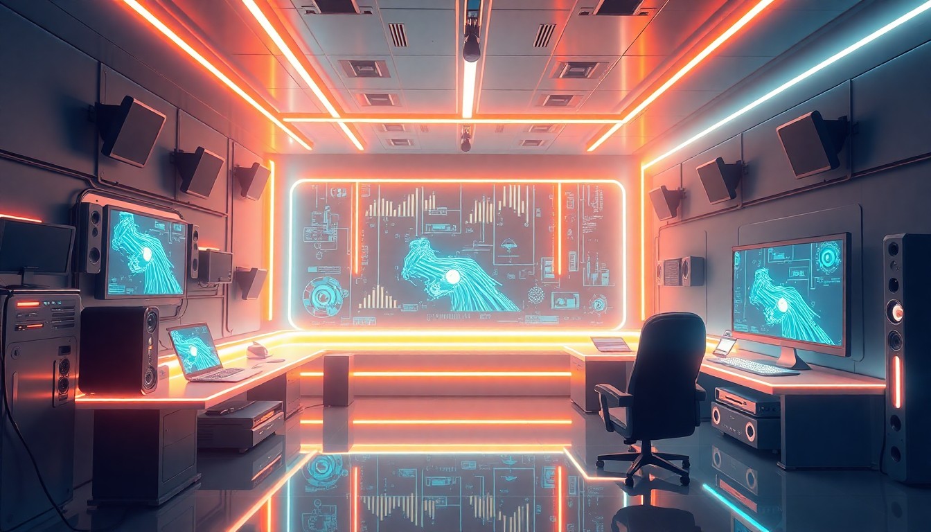 A highly detailed, glowing 3D illustration of a futuristic tech studio filled with pulsing neon lights, holographic displays, and sleek, minimalist hardware, representing the convergence of media, technology, and AI.