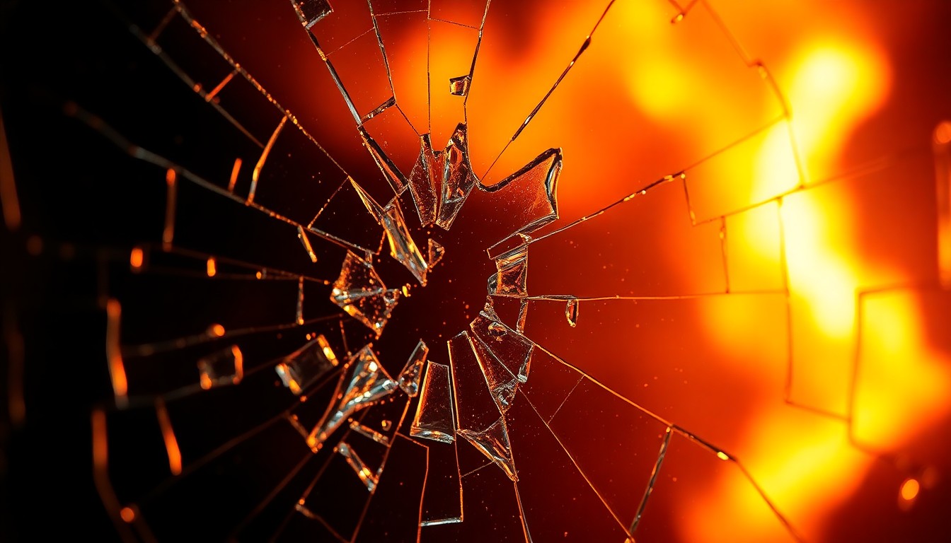 An extreme close-up photograph of a shattered glass surface reflecting a warm, amber light, conveying the emotional intensity and volatility of a troubled romantic partnership.