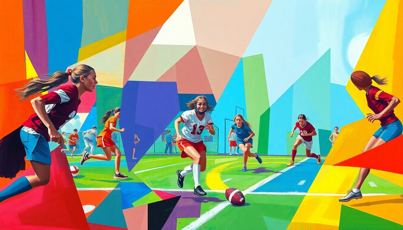 A vibrant, cubist-style painting depicting the action and movement of a girls flag football game, with sharp geometric shapes and planes of color representing the players, field, and ball.