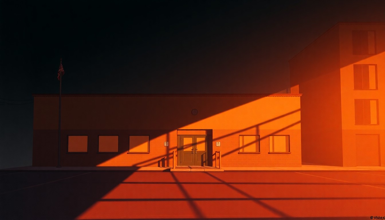 A serene, realistic painting of a government building or public safety facility in warm, golden light, with deep shadows and a sense of quiet contemplation, conveying the importance of this infrastructure project.