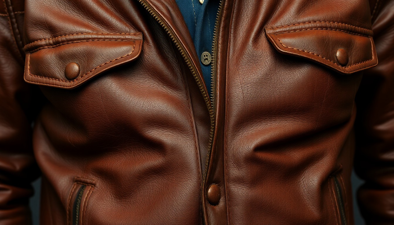 An extreme close-up photograph of a worn, weathered leather jacket, capturing the texture and details that reflect Bruce Springsteen's decades-long career as a working-class rock icon.