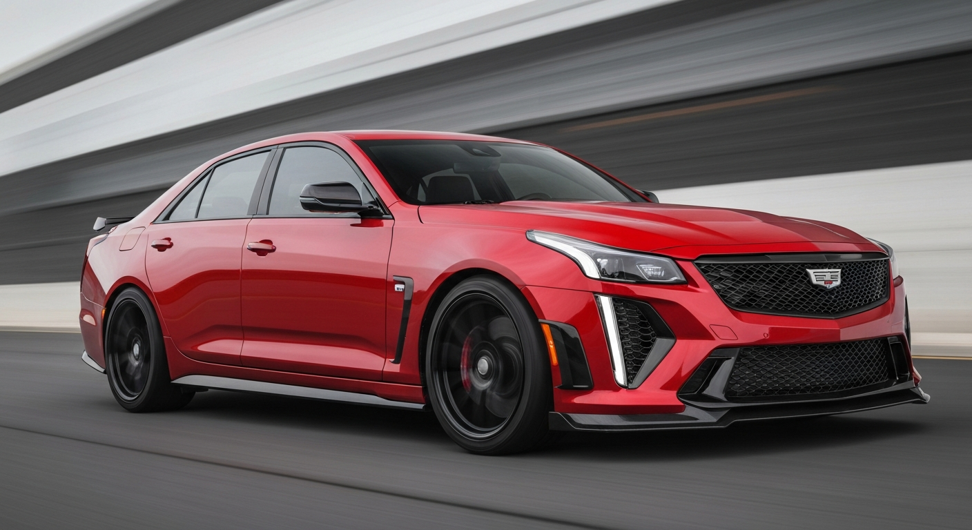 A blurred, abstract image of a red Cadillac CT4-V Blackwing sports sedan, conveying a sense of speed and motion through sweeping brushstrokes of vibrant color.