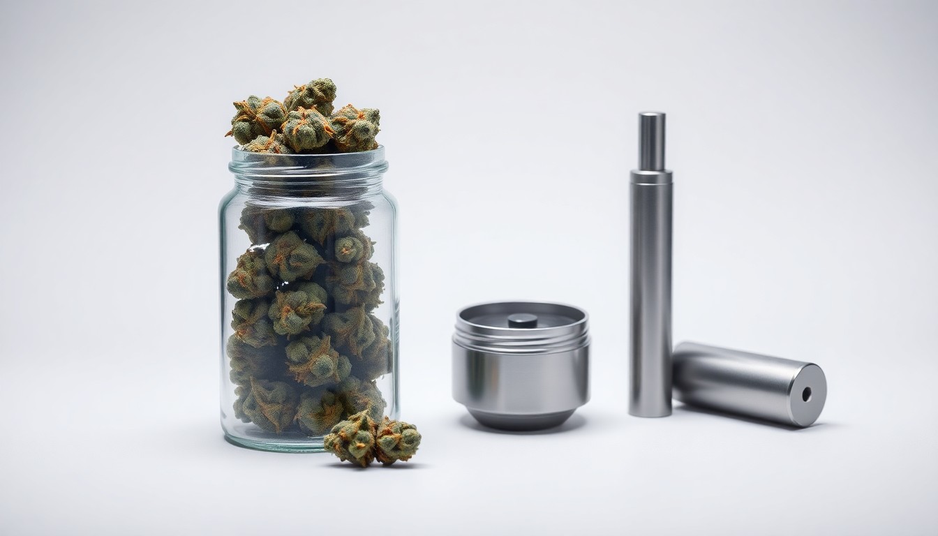 A photorealistic studio still life featuring a glass jar of medical cannabis buds, a metal grinder, and a sleek vaporizer device, symbolizing the professionalization of the legal cannabis industry.