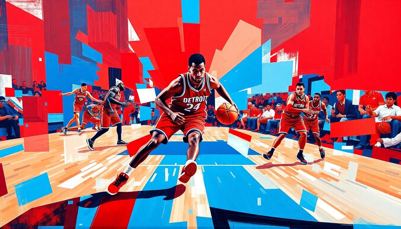 A fragmented, cubist-style painting depicting a basketball player's movements broken down into sharp, overlapping geometric shapes in the Pistons' team colors of red, blue, and white.