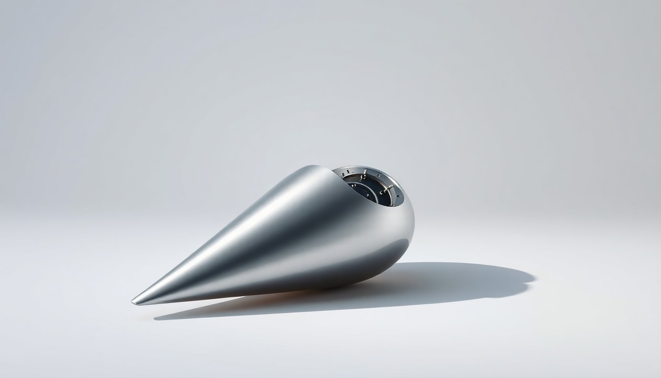 A highly detailed, photorealistic studio photograph of a metallic wind turbine blade component resting on a clean, white background, with dramatic lighting and sharp shadows conveying the advanced engineering powering the renewable energy industry.