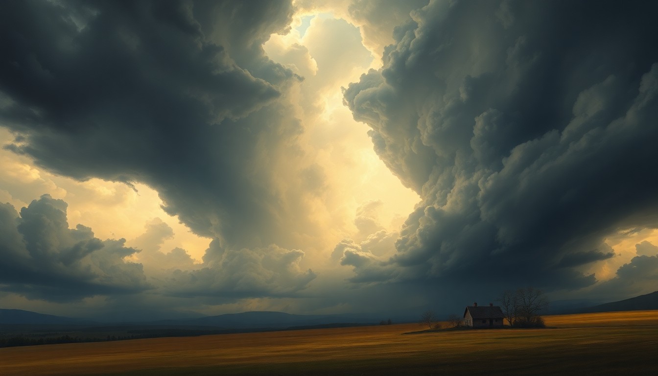 A sweeping, majestic landscape painting in muted tones of gray, blue, and green, with a small farmhouse or structure dwarfed by towering, turbulent clouds and dramatic lighting, conveying the overwhelming scale and power of an approaching severe thunderstorm.
