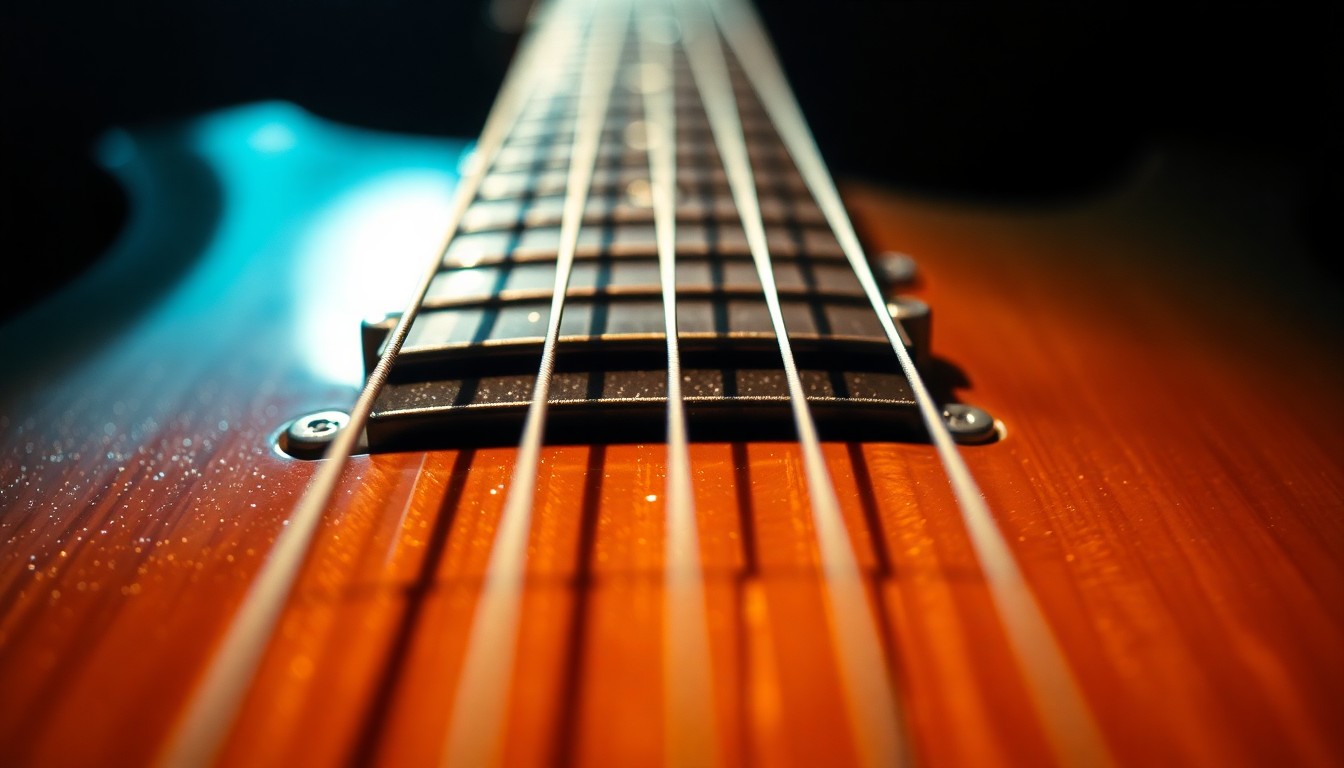 An extreme close-up photograph of a guitar's strings and fretboard, captured in dramatic high-contrast studio lighting to create a glitzy, high-fashion aesthetic focused on the material and texture of the instrument.
