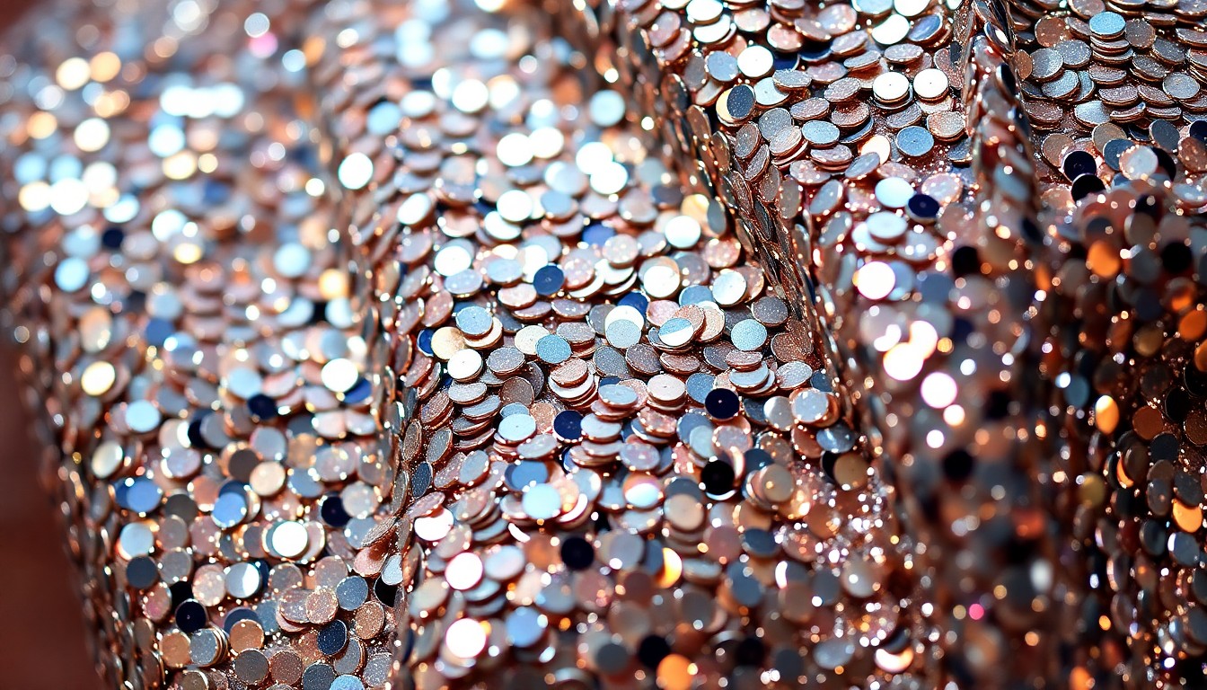 An extreme close-up photograph of shimmering, glittering sequins and metallic textures, capturing the high-fashion aesthetic of a pop star's world through dramatic studio lighting and an abstract, conceptual composition.