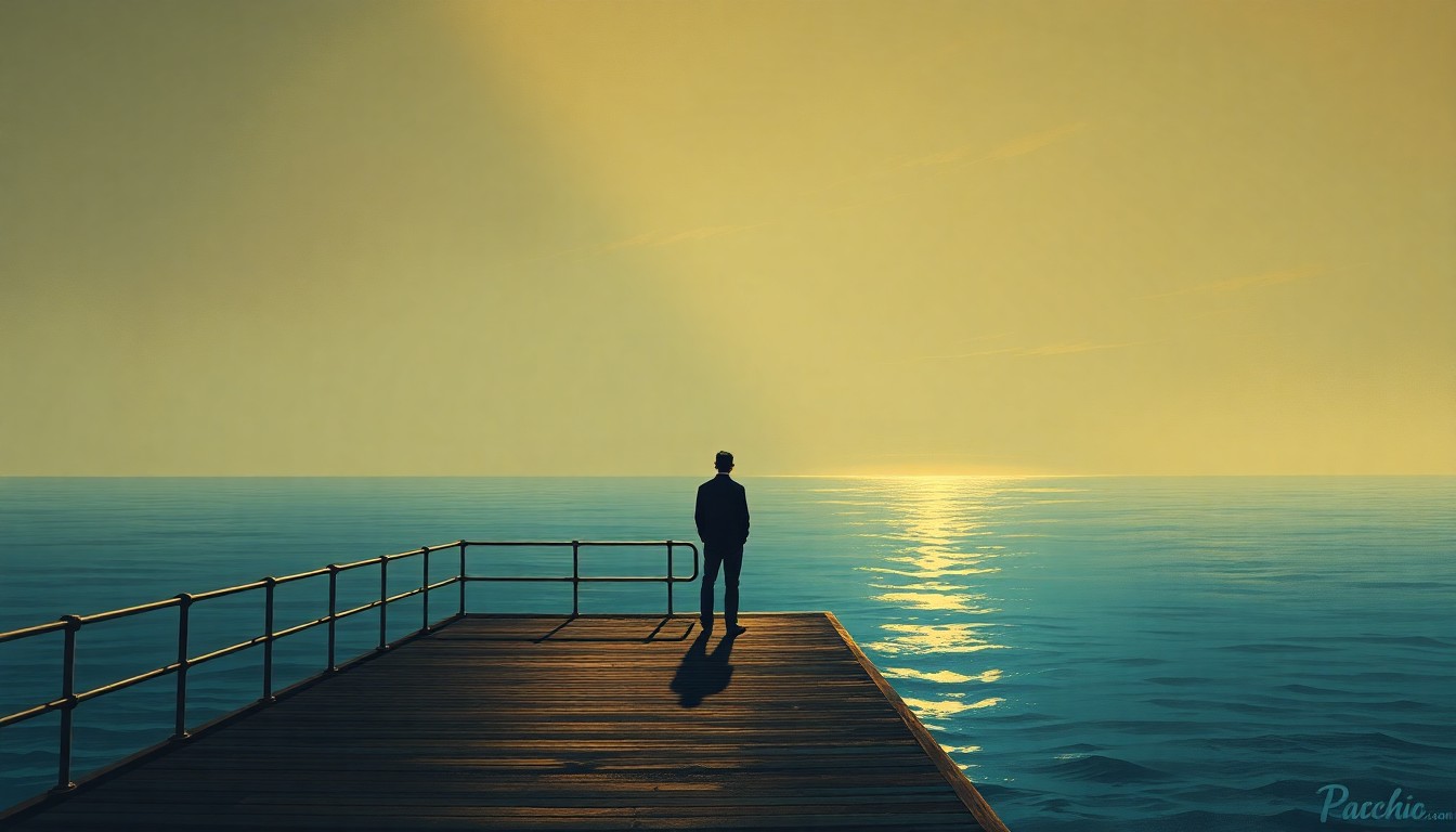 A serene painting of a lone figure standing on a wooden pier overlooking the calm waters of Lake Erie, the scene bathed in warm, diagonal sunlight and deep shadows, conceptually representing a political candidate's efforts to engage with local residents.