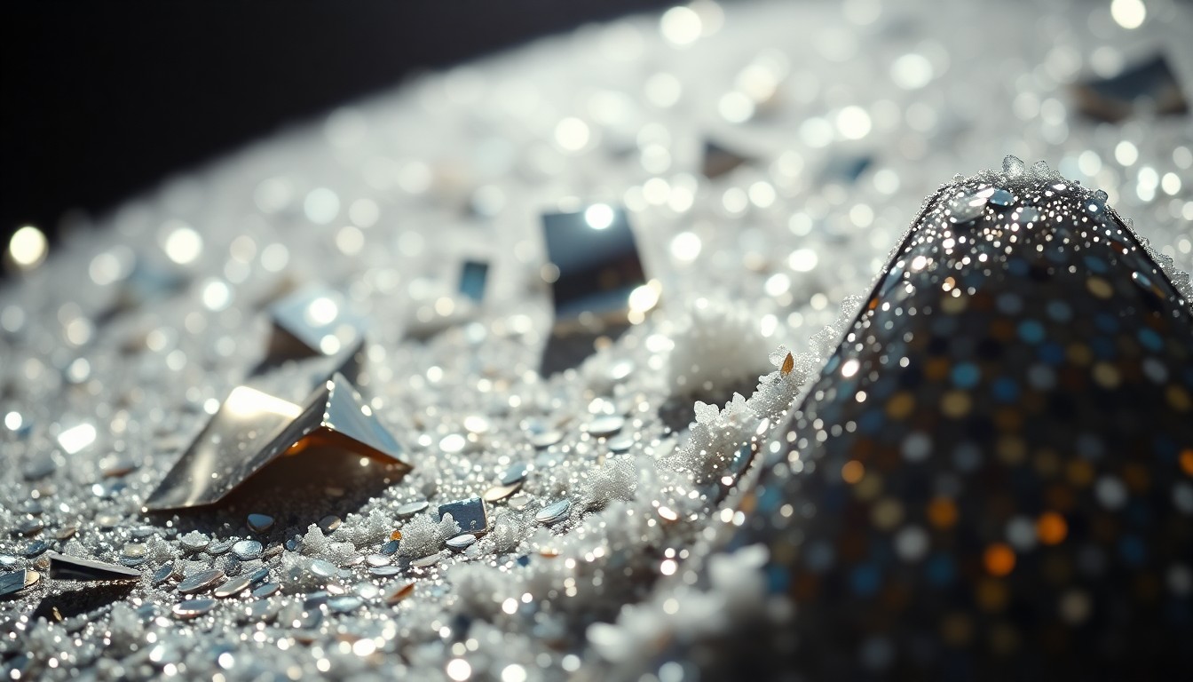 An extreme close-up of shimmering sequins and shattered glass, reflecting dramatic studio lighting and capturing the high-fashion glamour of a country music video production.
