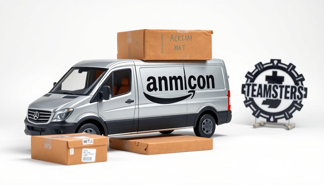 A minimalist, photorealistic studio still life featuring a gleaming metal Amazon delivery van model, a stack of cardboard boxes, and a Teamsters union logo badge, all arranged elegantly on a clean, white background to conceptually represent the power struggle between corporate logistics and organized labor.