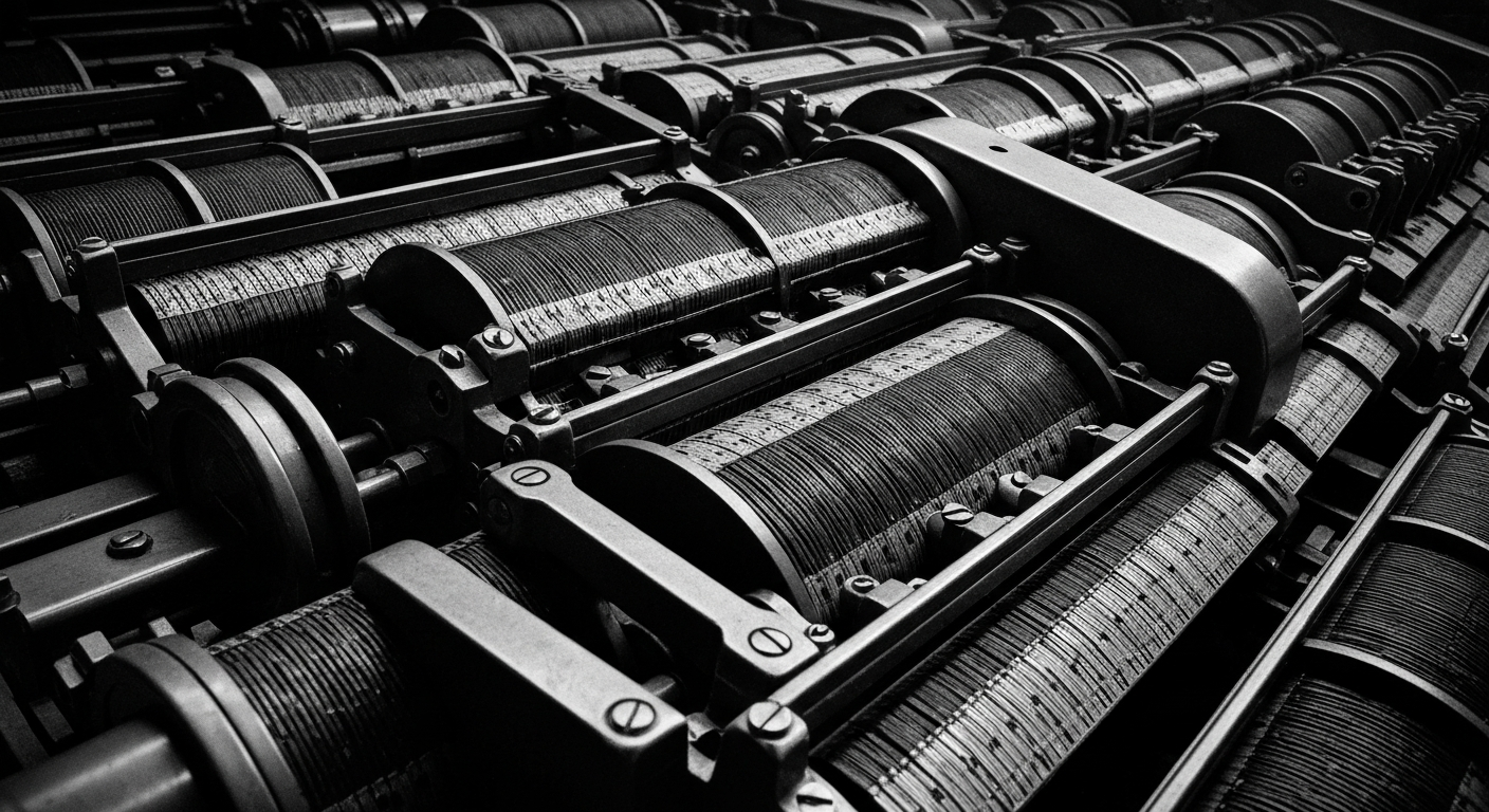 A high-contrast black and white close-up of the gears, levers, and mechanical components of a large, industrial-scale accounting machine, conveying a sense of institutional financial power and security through its intricate, almost sculptural design.