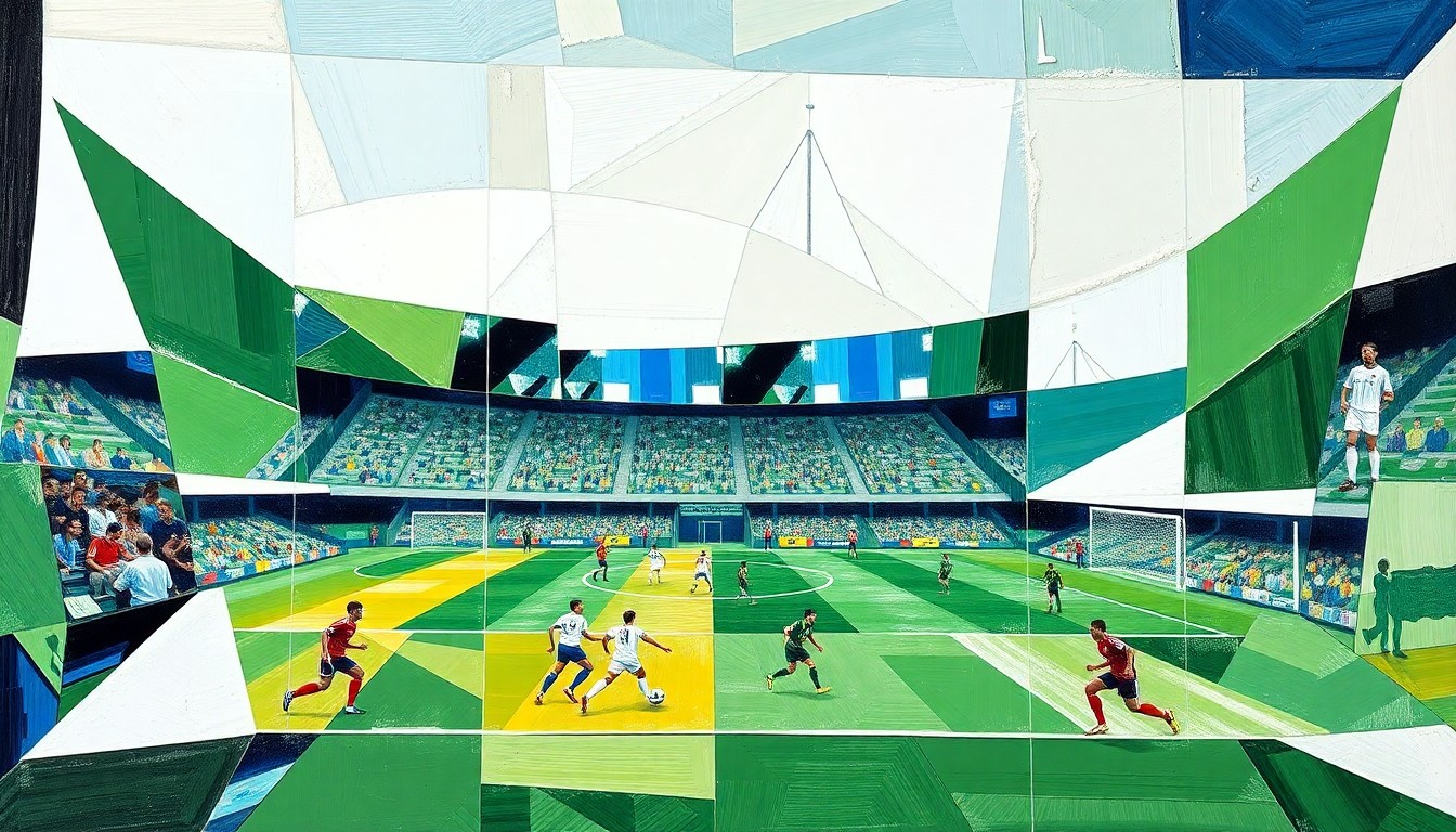 A cubist-style painting depicting a fragmented, geometric representation of a collegiate soccer match, with overlapping planes of green, white, and blue fields.