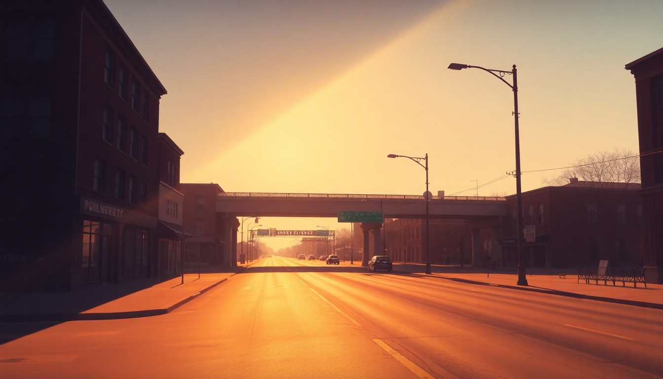 A serene, nostalgic painting of a deserted Albany street with the I-787 overpass in the distance, capturing the quiet contemplation of urban infrastructure and the need for community input.