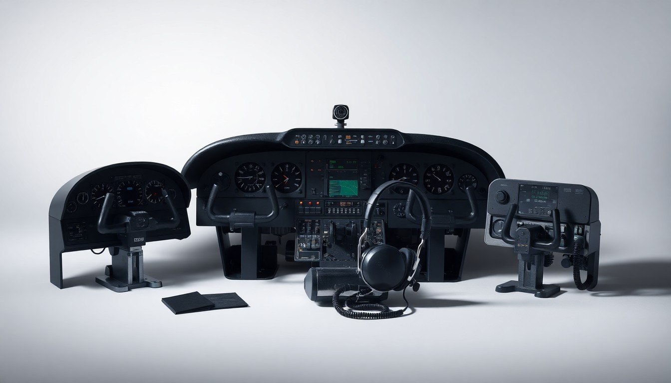 A photorealistic studio still life featuring a set of aircraft control panels, cockpit instruments, and a pilot's headset arranged elegantly on a clean, monochromatic background, conveying the precision and importance of aviation safety regulations.