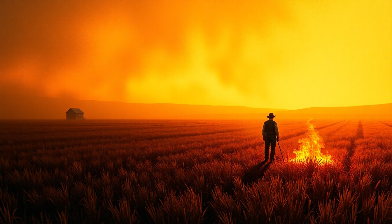 A serene oil painting depicting a lone farmer tending to a controlled burn in a golden field, the scene bathed in warm, dramatic lighting that casts long shadows across the landscape.