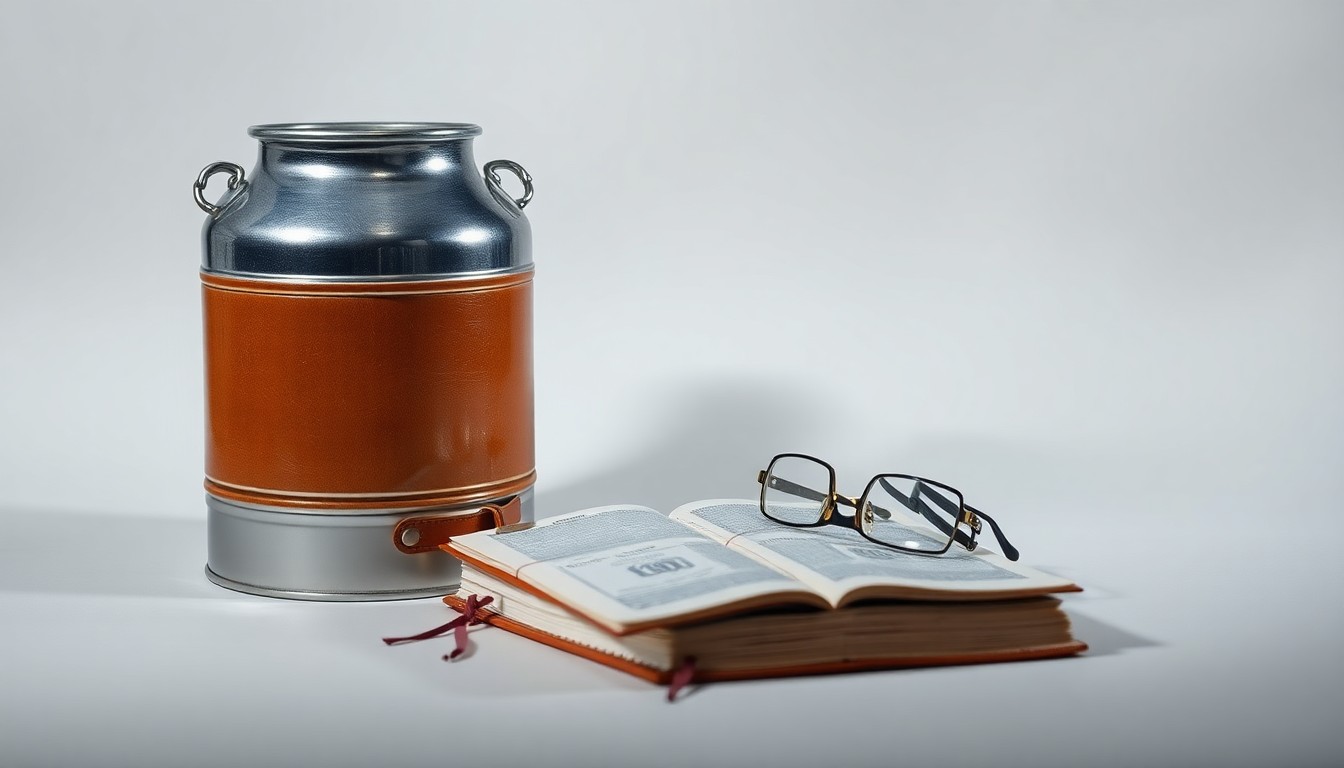 A high-end studio still life photograph featuring a polished metal dairy can, a leather-bound ledger, and a pair of reading glasses arranged elegantly on a clean, monochromatic background, conveying the abstract concepts of financial risk management and insurance coverage for dairy farm operations.