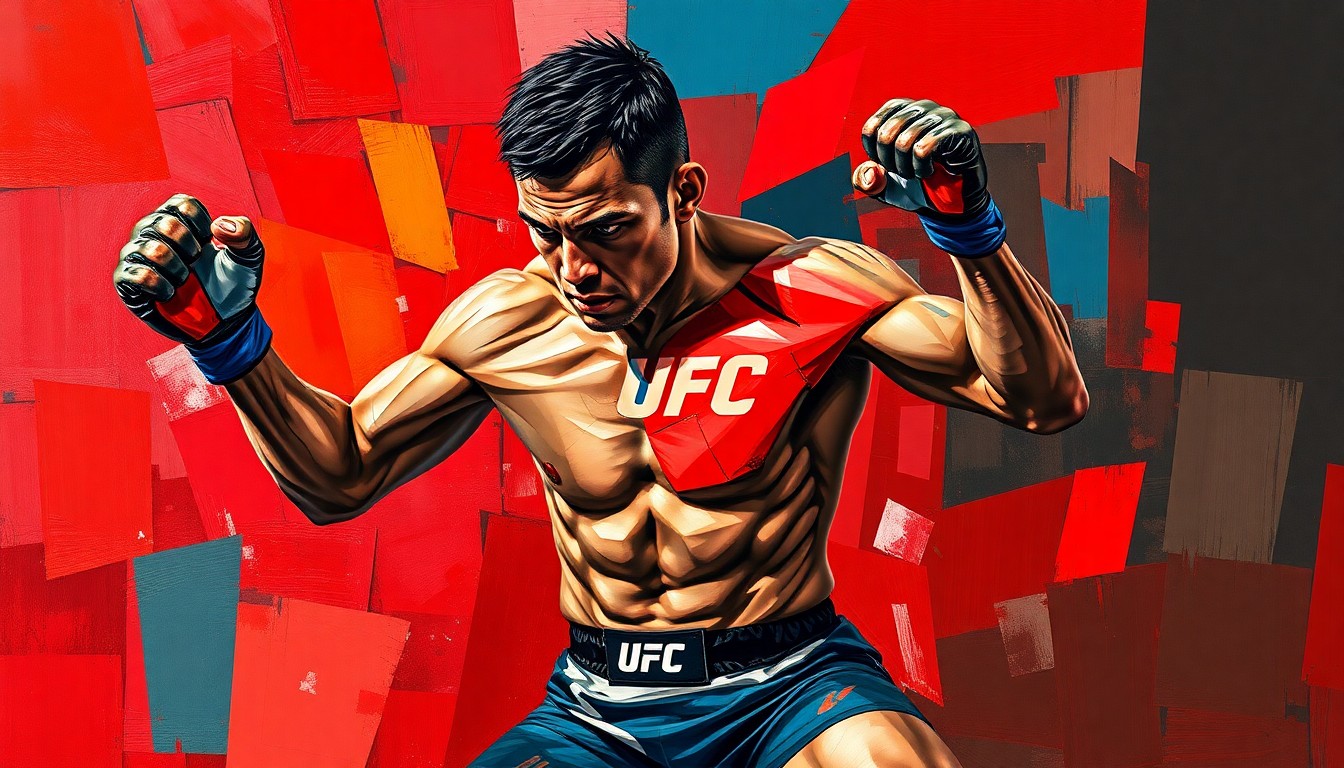 A cubist, geometric painting depicting a UFC fighter in mid-motion, with sharp, overlapping planes of color representing the dynamic nature of the sport.